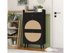 Zapatero con dos puertas y un cajón, aspecto ratán, diseño negro, MDF (60x24x110 cm)