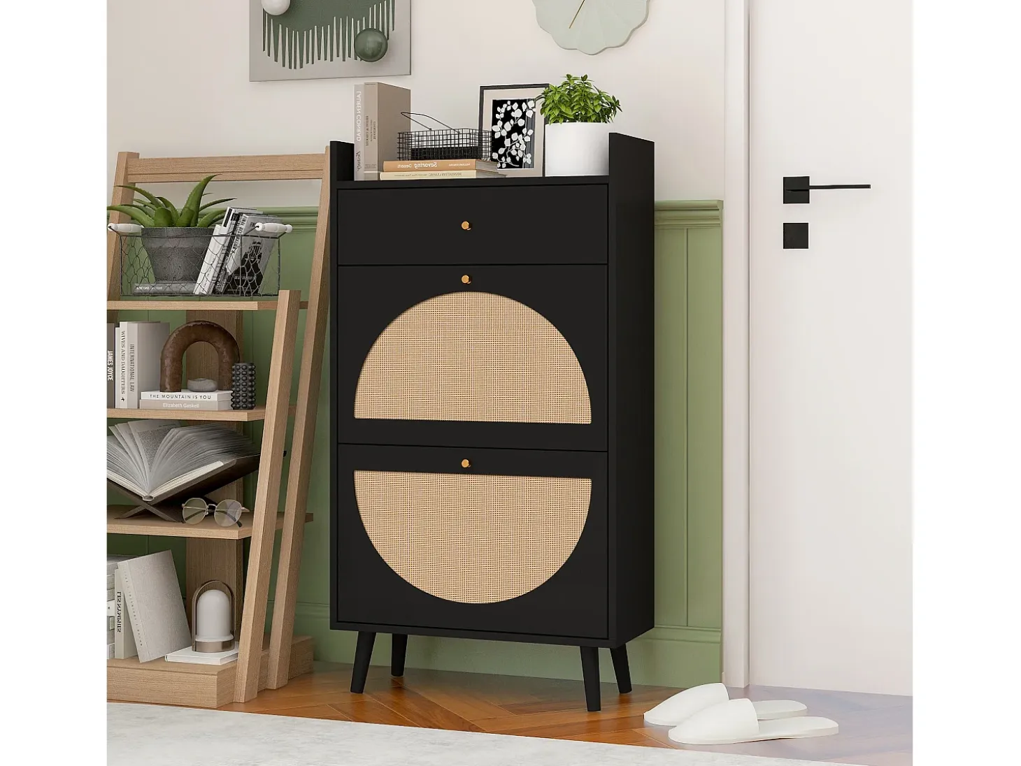 Zapatero con dos puertas y un cajón, aspecto ratán, diseño negro, MDF (60x24x110 cm)