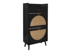 Zapatero con dos puertas y un cajón, aspecto ratán, diseño negro, MDF (60x24x110 cm)