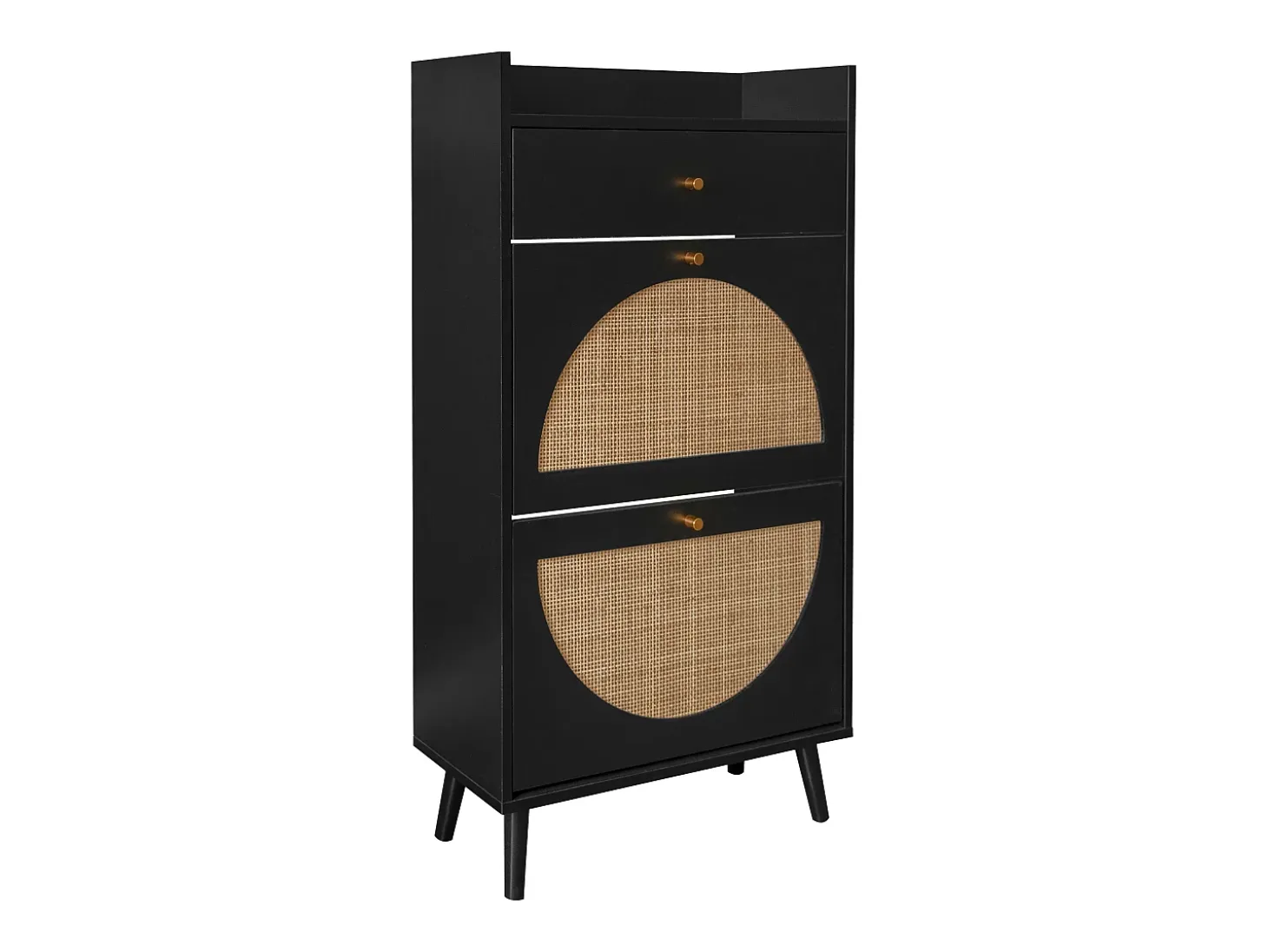 Zapatero con dos puertas y un cajón, aspecto ratán, diseño negro, MDF (60x24x110 cm)