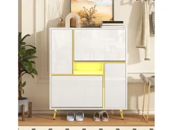 Zapatero con frente brillante - 80 x 25 x 96 cm - LED - Tablero de partículas - Blanco