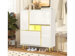 Zapatero con frente brillante - 80 x 25 x 96 cm - LED - Tablero de partículas - Blanco