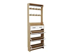 Zapatero con puerta, 3 puertas abatibles y 2 cajones, MDF, blanco y roble (80x23,5x220 cm)