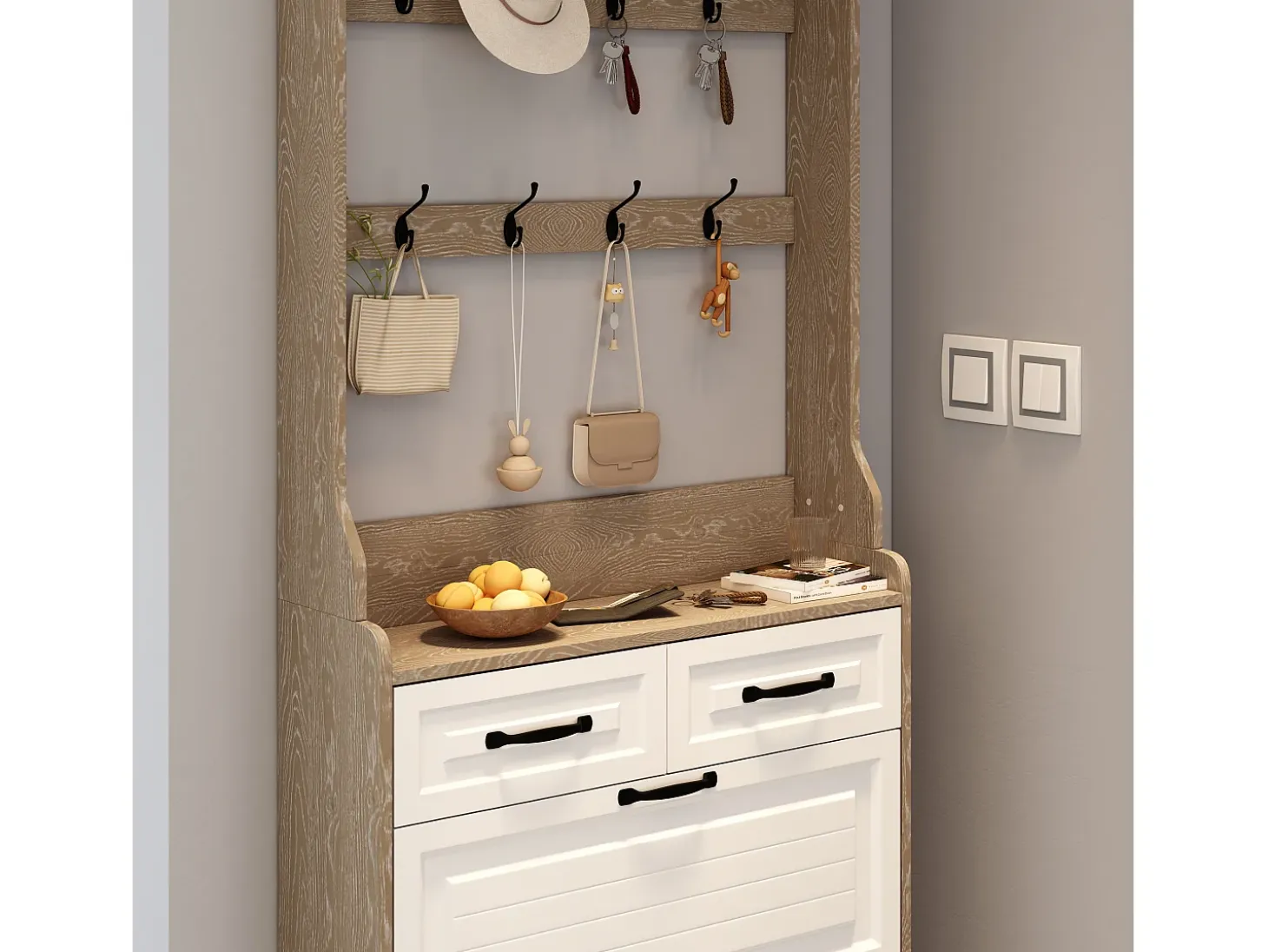 Zapatero con puerta, 3 puertas abatibles y 2 cajones, MDF, blanco y roble (80x23,5x220 cm)