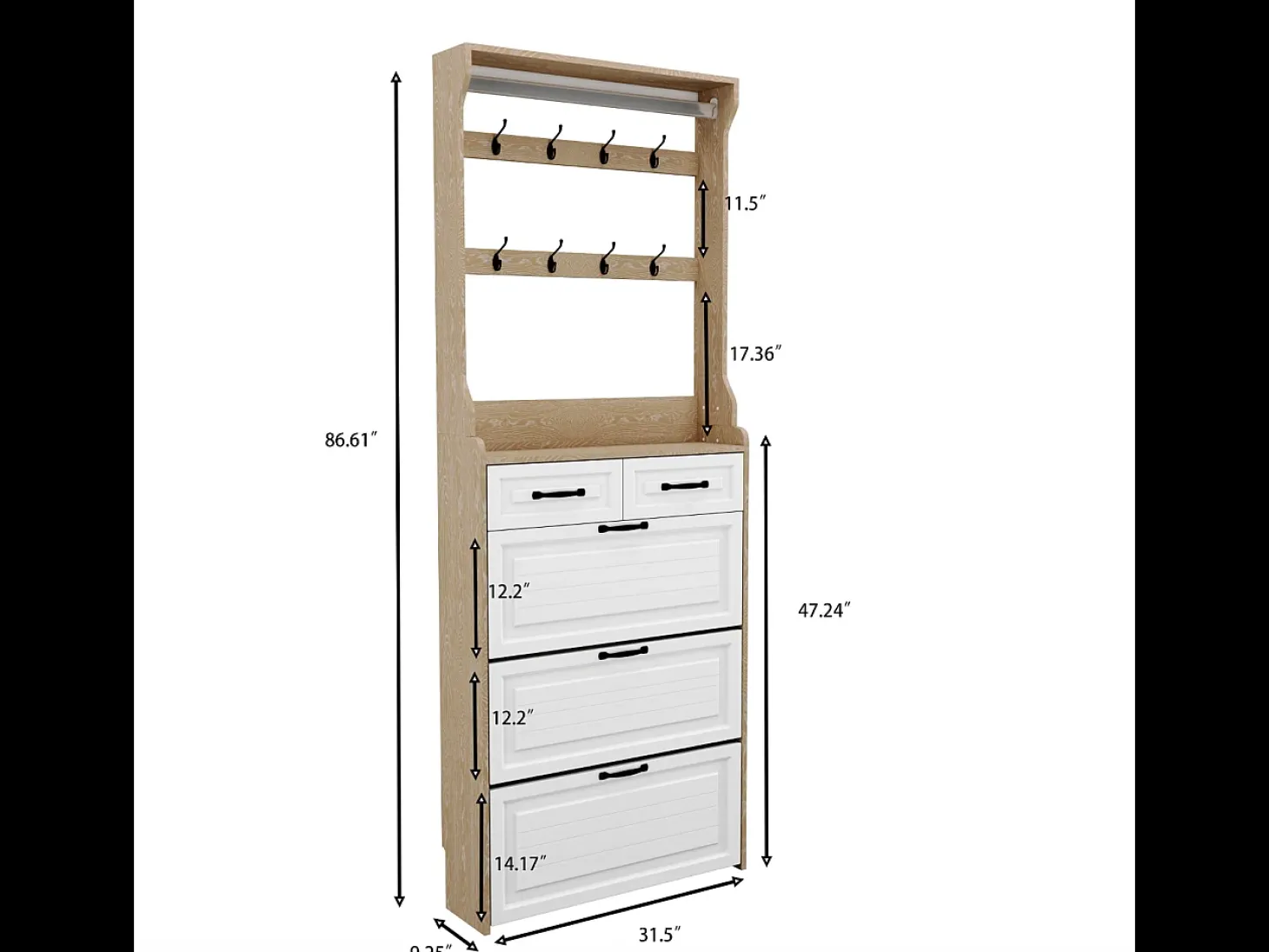 Zapatero con puerta, 3 puertas abatibles y 2 cajones, MDF, blanco y roble (80x23,5x220 cm)