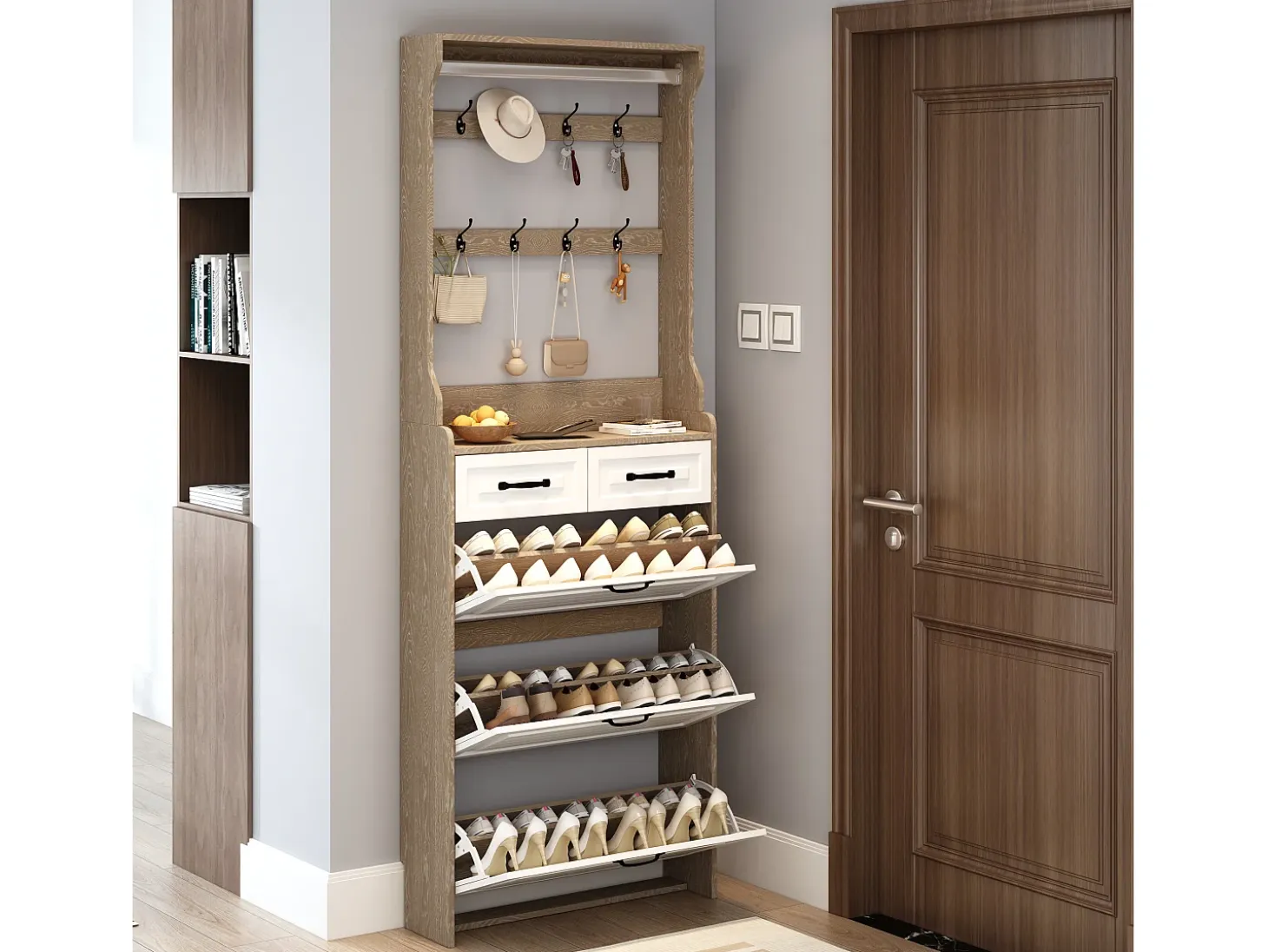 Zapatero con puerta, 3 puertas abatibles y 2 cajones, MDF, blanco y roble (80x23,5x220 cm)
