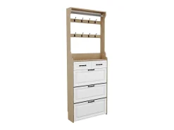 Zapatero con puerta, 3 puertas abatibles y 2 cajones, MDF, blanco y roble (80x23,5x220 cm)