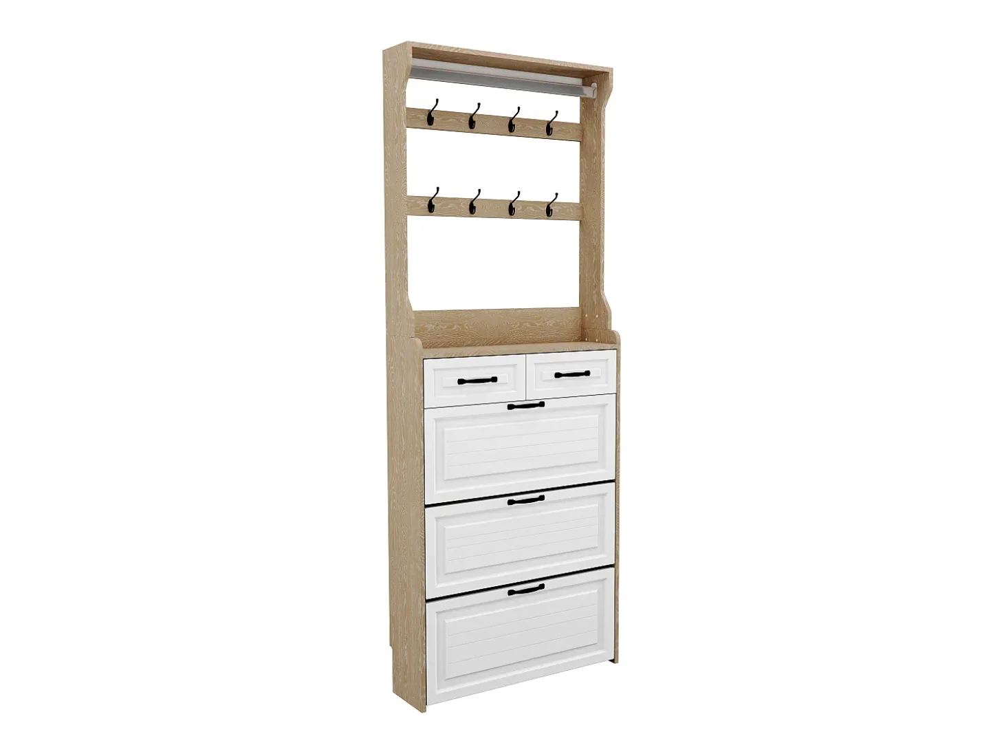 Zapatero con puerta, 3 puertas abatibles y 2 cajones, MDF, blanco y roble (80x23,5x220 cm)