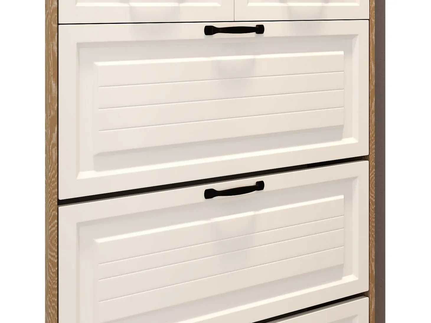 Zapatero con puerta, 3 puertas abatibles y 2 cajones, MDF, blanco y roble (80x23,5x220 cm)