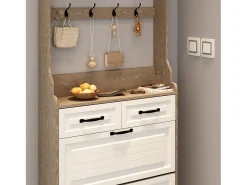 Zapatero con puerta, 3 puertas abatibles y 2 cajones, MDF, blanco y roble (80x23,5x220 cm)