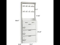 Zapatero con puerta, 3 puertas batientes y 2 cajones, MDF, blanco (80x23,5x220 cm)