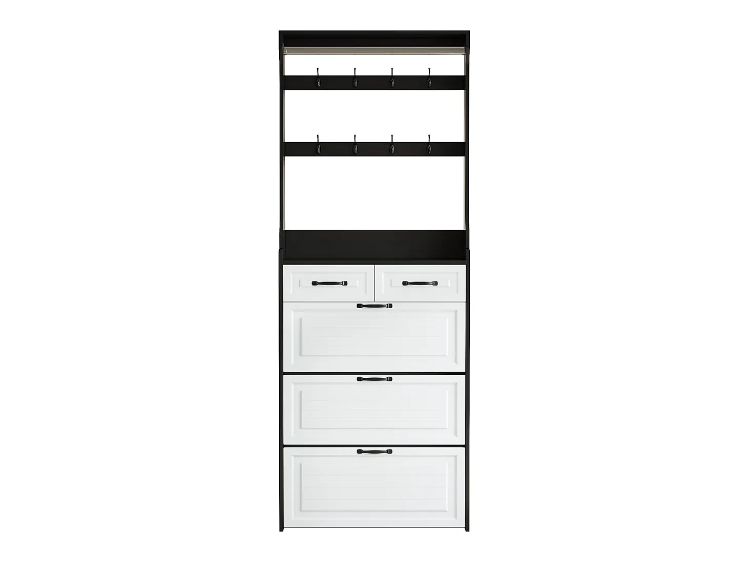 Zapatero con puerta, 3 puertas batientes y 2 cajones, MDF, blanco y negro (80x23,5x220 cm)