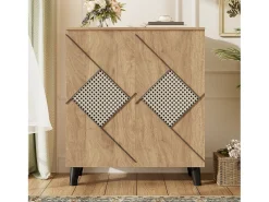Zapatero con puertas cerradas y estampado decorativo de ratán, tablero aglomerado, madera (80x32x91cm)