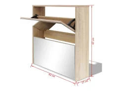 Zapatero de 2 niveles con espejo 63x17x67 cm Roble