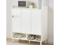 Zapatero de entrada con estantes regulables, 3 puertas y 1 cajón, patas de madera - blanco
