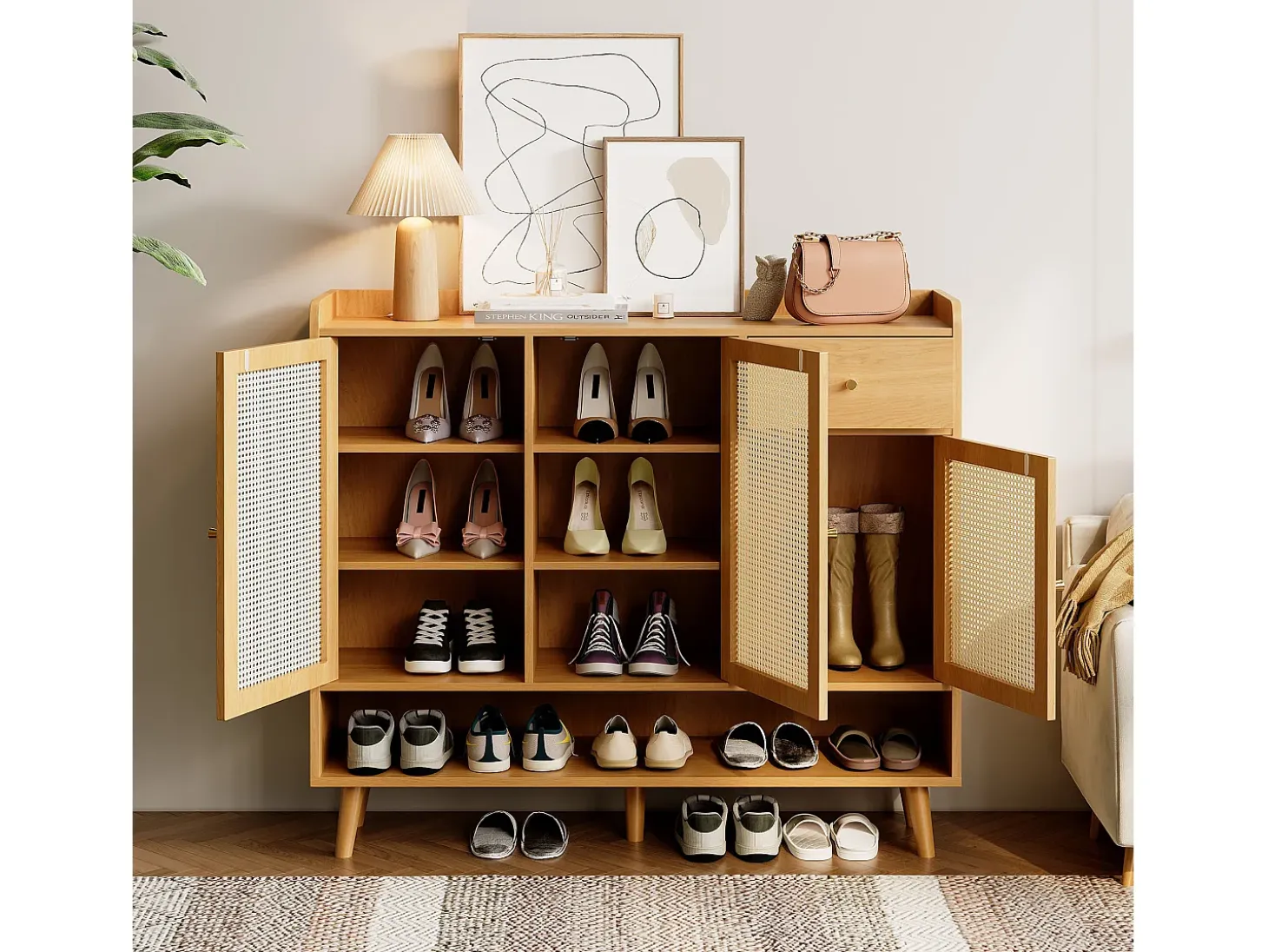 Zapatero de madera con 3 puertas y 1 cajón - Zapatero con tiradores de metal y patas de madera maciza - almacenaje abierto