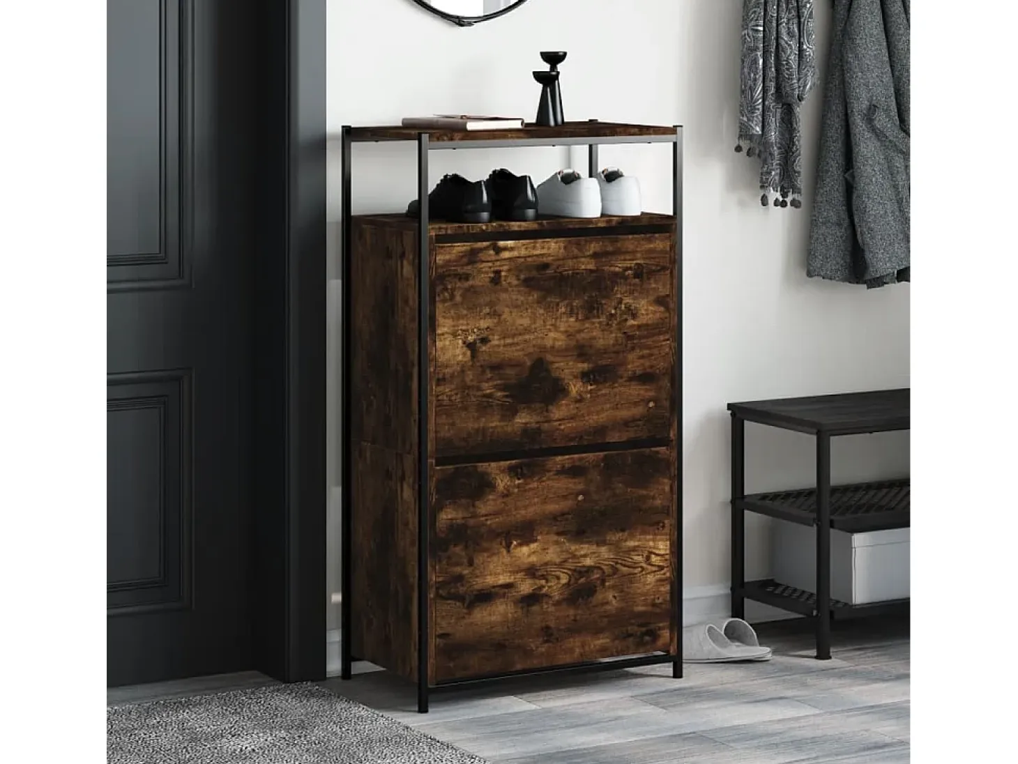 Zapatero de madera de ingeniería roble ahumado 60x34x112 cm ES923766