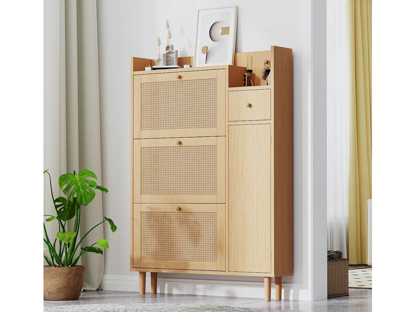 Zapatero de madera de ratán con 3 puertas y 1 cajón, 90 x 17 x 125 cm Natural