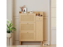 Zapatero de madera de ratán con 3 puertas y 1 cajón, 90 x 17 x 125 cm Natural