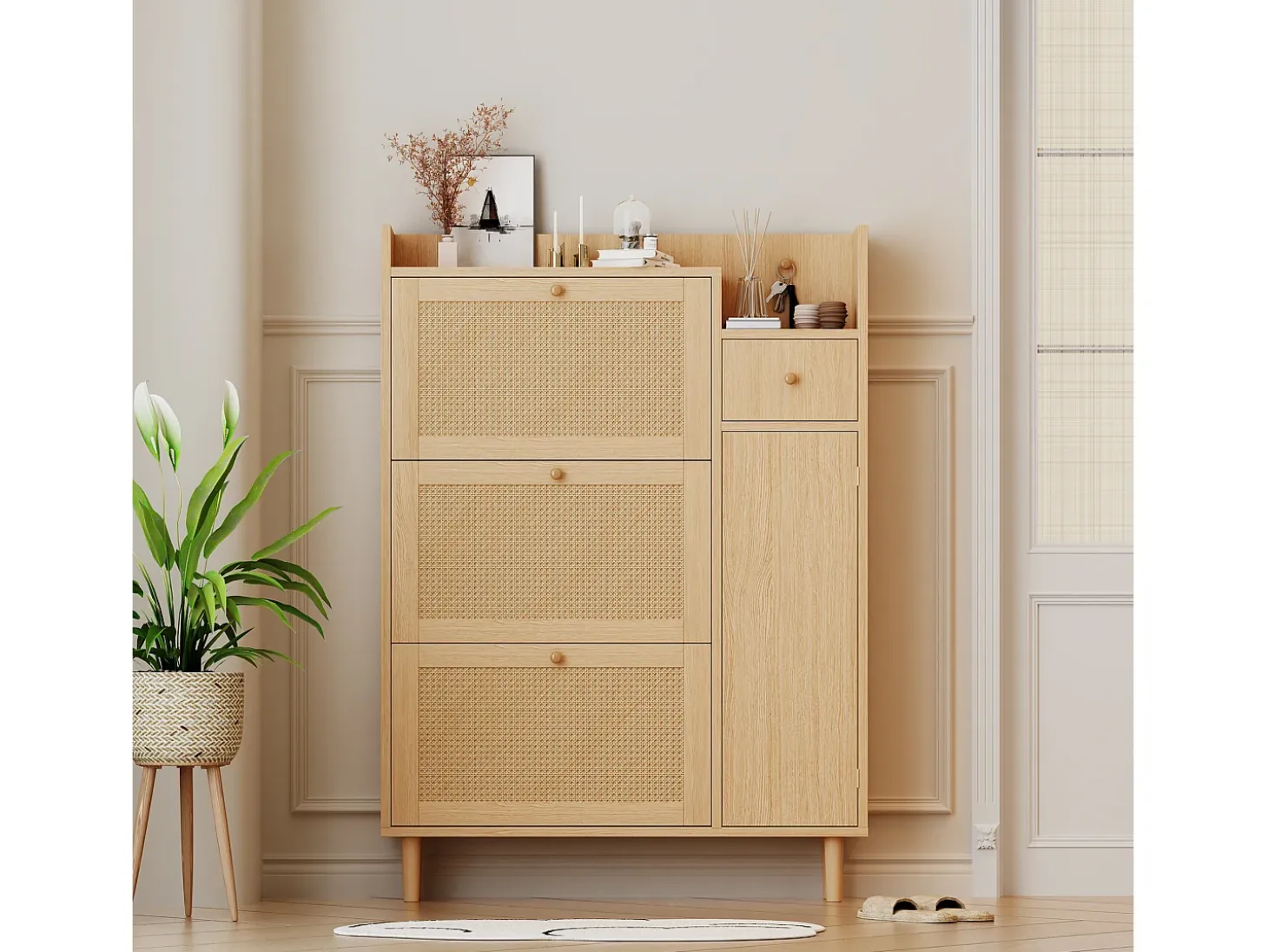 Zapatero de madera de ratán con 3 puertas y 1 cajón, 90 x 17 x 125 cm Natural