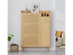 Zapatero de madera de ratán con 3 puertas y 1 cajón, 90 x 17 x 125 cm Natural