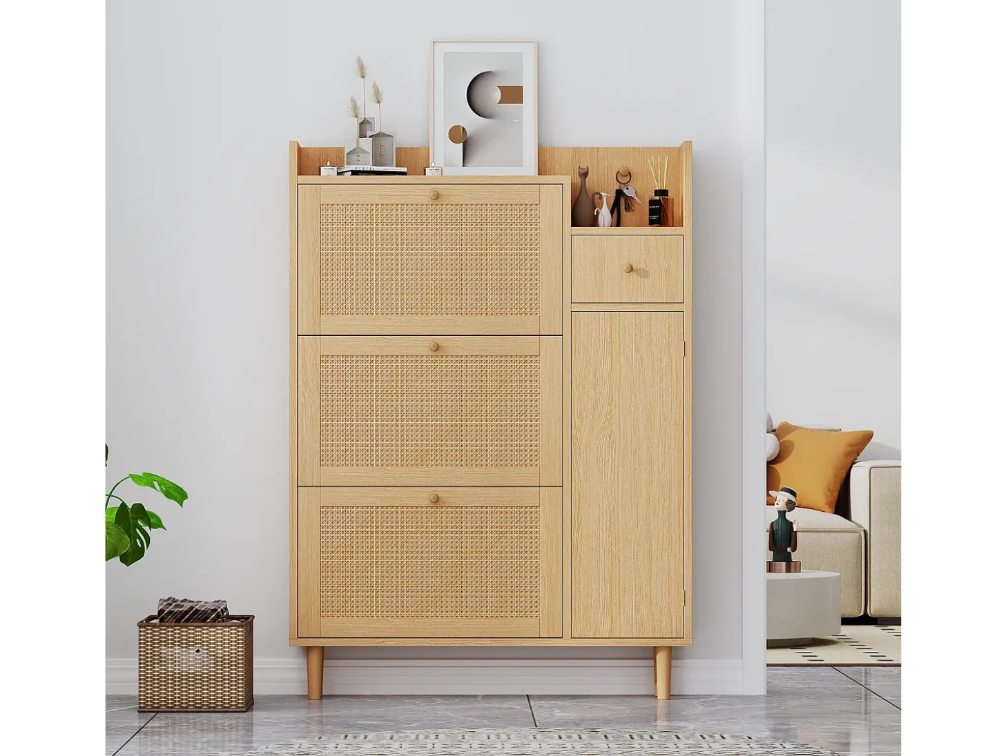 Zapatero de madera de ratán con 3 puertas y 1 cajón, 90 x 17 x 125 cm Natural