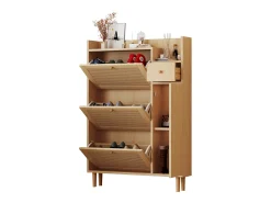 Zapatero de madera de ratán con 3 puertas y 1 cajón, 90 x 17 x 125 cm Natural