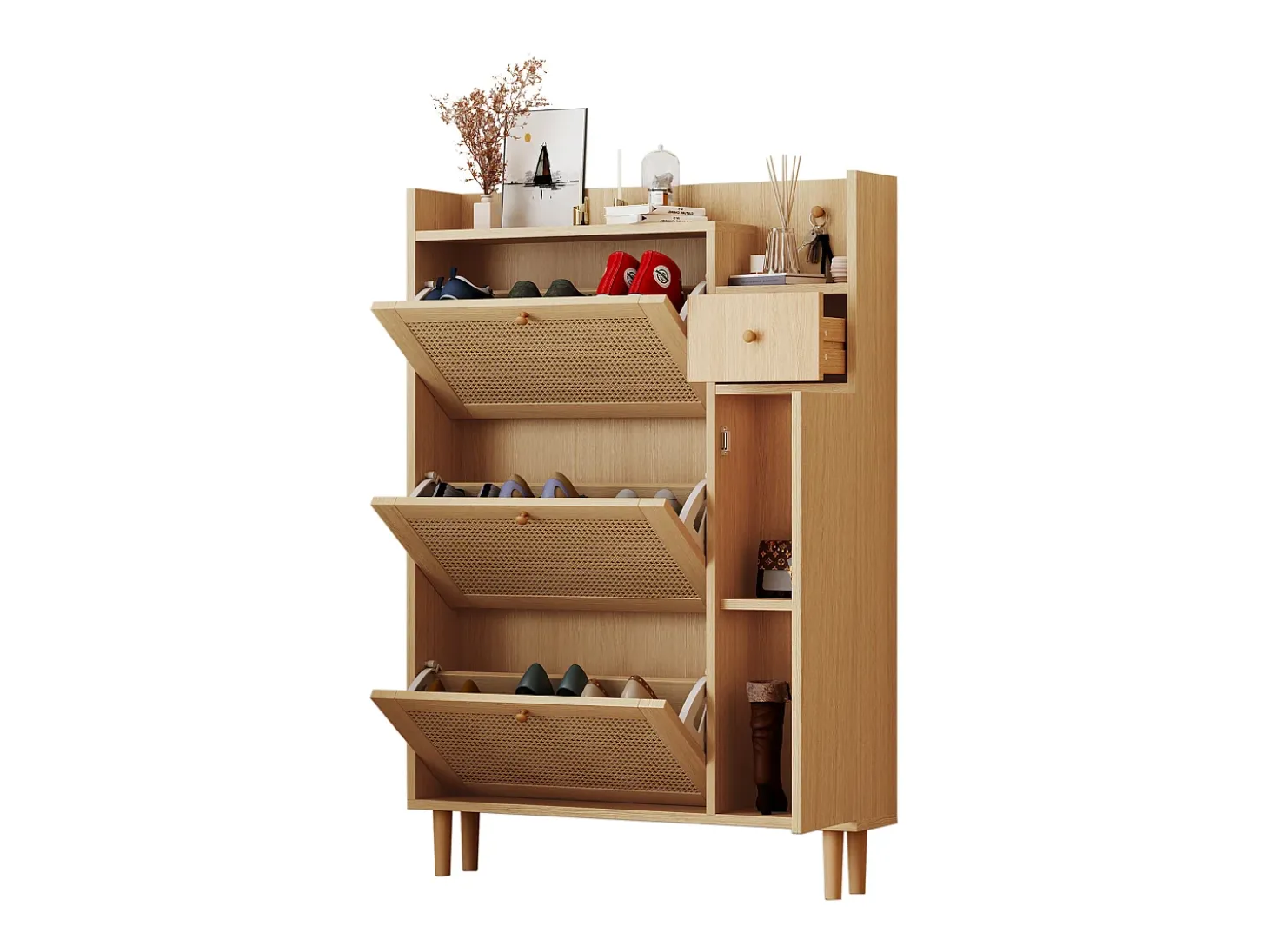 Zapatero de madera de ratán con 3 puertas y 1 cajón, 90 x 17 x 125 cm Natural