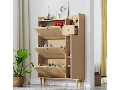 Zapatero de madera y ratán - 3 puertas abatibles y 1 cajón - balda regulable - Natural