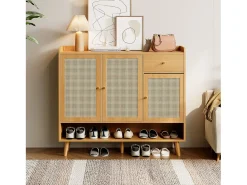 Zapatero de ratán - 120 x 35 x 106 cm - con 3 puertas + 1 cajón + 5 estantes - aglomerado - natural