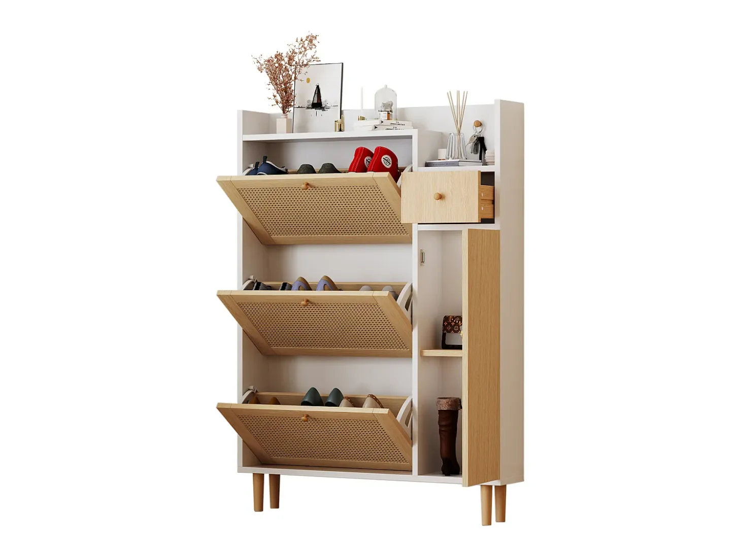 Zapatero de ratán con 3 puertas plegables y 1 cajón, fabricado en madera, con tiradores de madera maciza, para recibidor y dormitorio (90x17x125 cm)