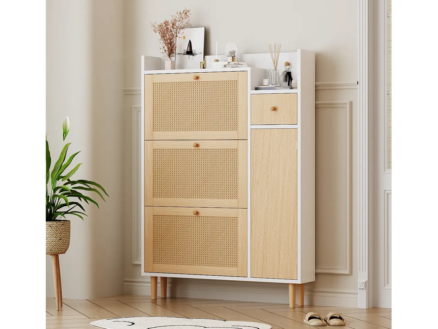 Zapatero de ratán con 3 puertas plegables y 1 cajón, fabricado en madera, con tiradores de madera maciza, para recibidor y dormitorio (90x17x125 cm)