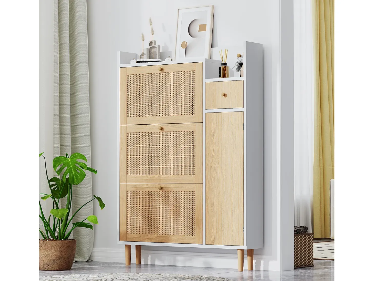 Zapatero de ratán con 3 puertas plegables y 1 cajón, fabricado en madera, con tiradores de madera maciza, para recibidor y dormitorio (90x17x125 cm)