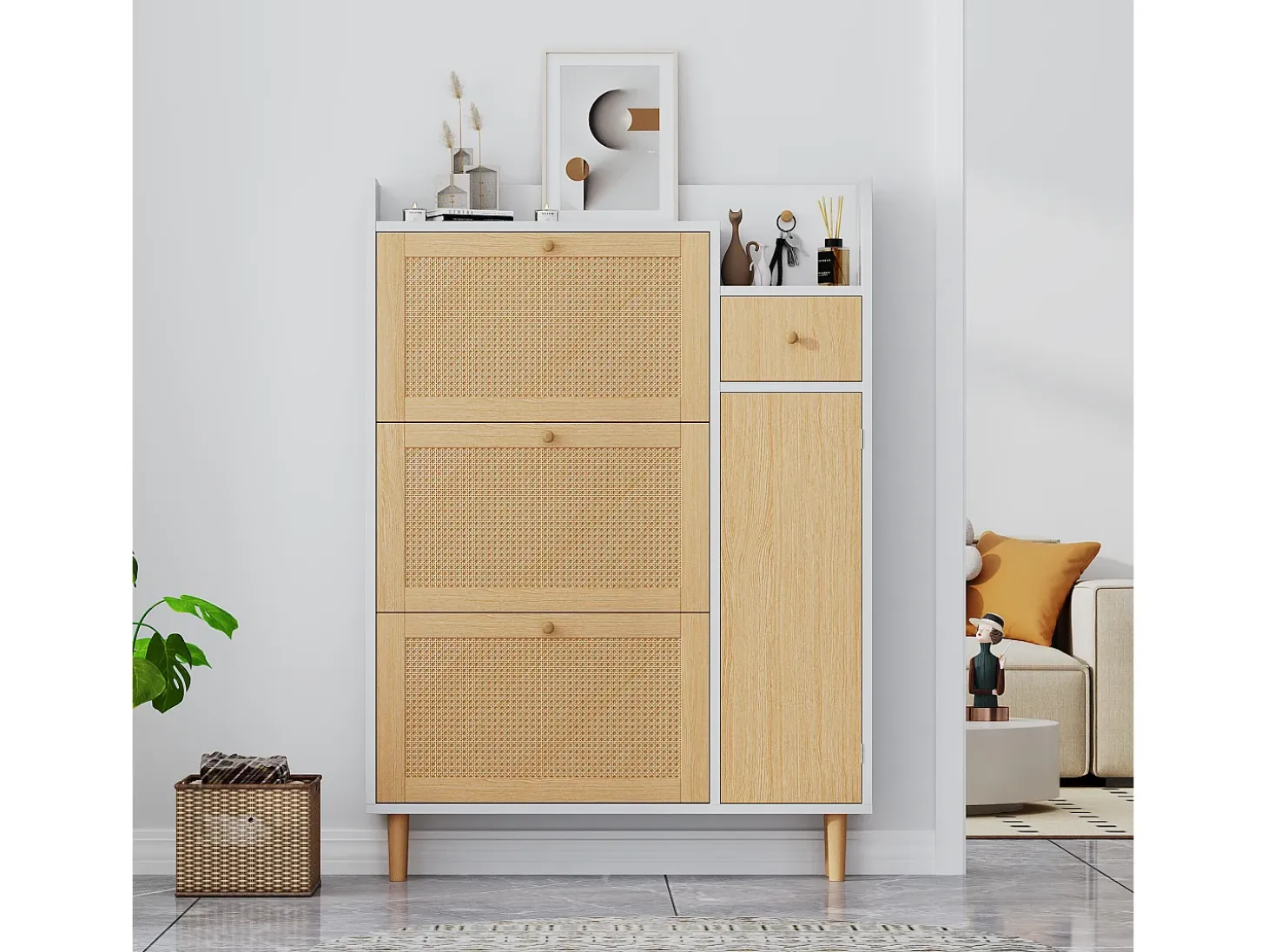 Zapatero de ratán con 3 puertas plegables y 1 cajón, fabricado en madera, con tiradores de madera maciza, para recibidor y dormitorio (90x17x125 cm)