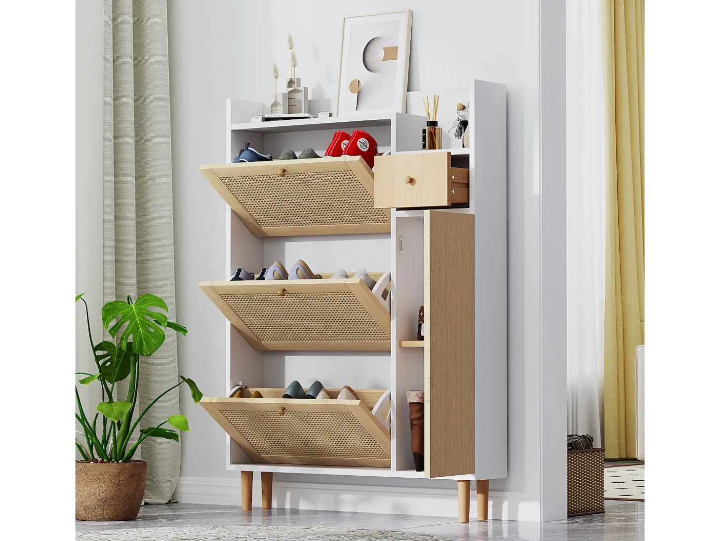 Zapatero de ratán con 3 puertas plegables y 1 cajón, fabricado en madera, con tiradores de madera maciza, para recibidor y dormitorio (90x17x125 cm)