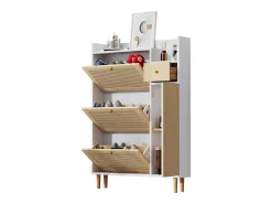 Zapatero de ratán con 3 puertas plegables y 1 cajón, fabricado en madera, con tiradores de madera maciza, para recibidor y dormitorio (90x17x125 cm)