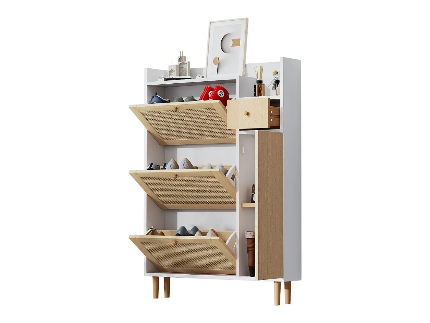 Zapatero de ratán con 3 puertas plegables y 1 cajón, fabricado en madera, con tiradores de madera maciza, para recibidor y dormitorio (90x17x125 cm)