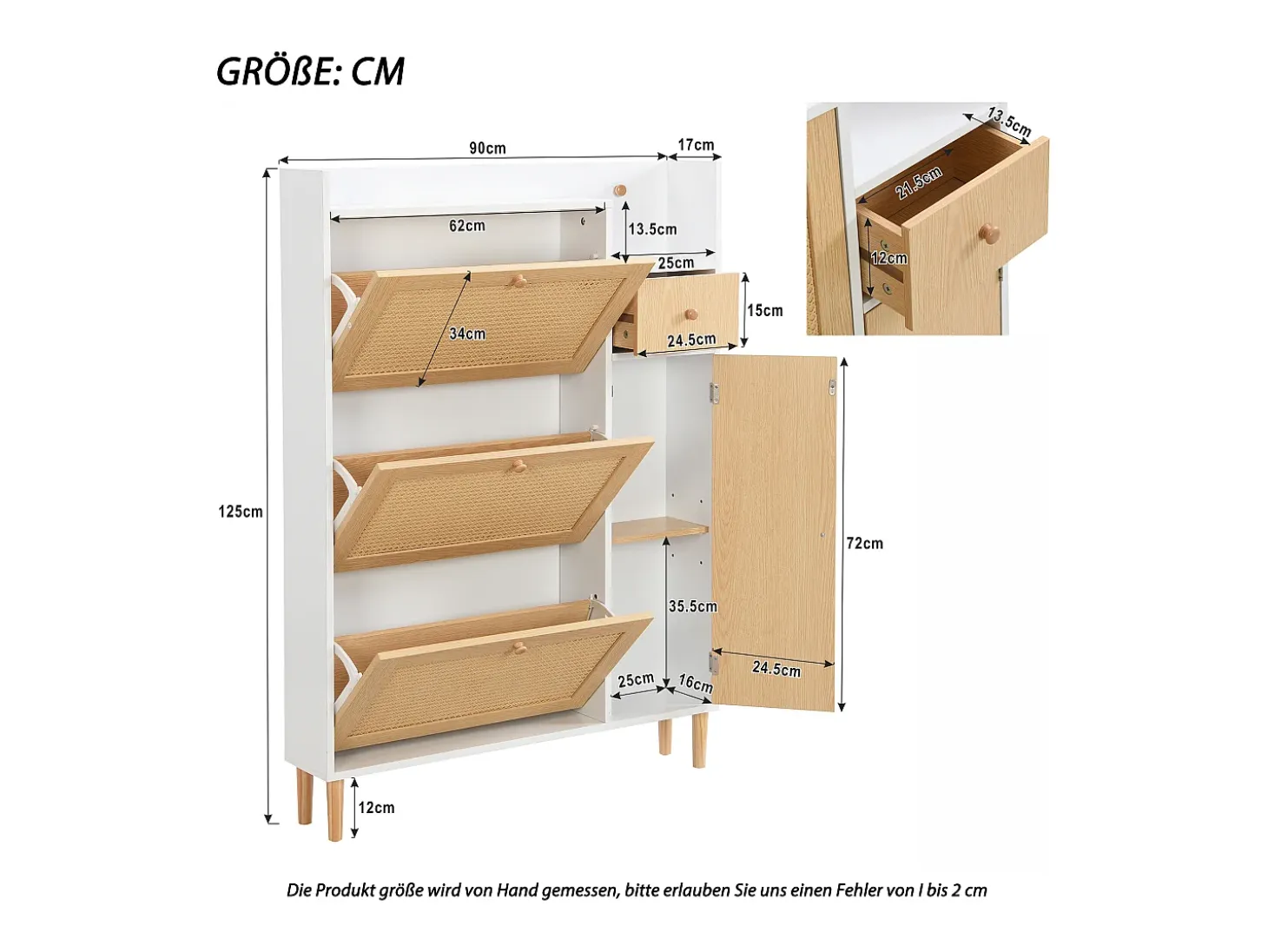 Zapatero de ratán con 3 puertas plegables y 1 cajón, fabricado en madera, con tiradores de madera maciza, para recibidor y dormitorio (90x17x125 cm)
