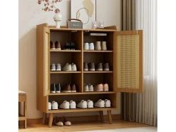 Zapatero de ratán natural, diseño moderno, con 2 puertas y 5 estantes, madera maciza, color roble claro (80x37x105 cm)