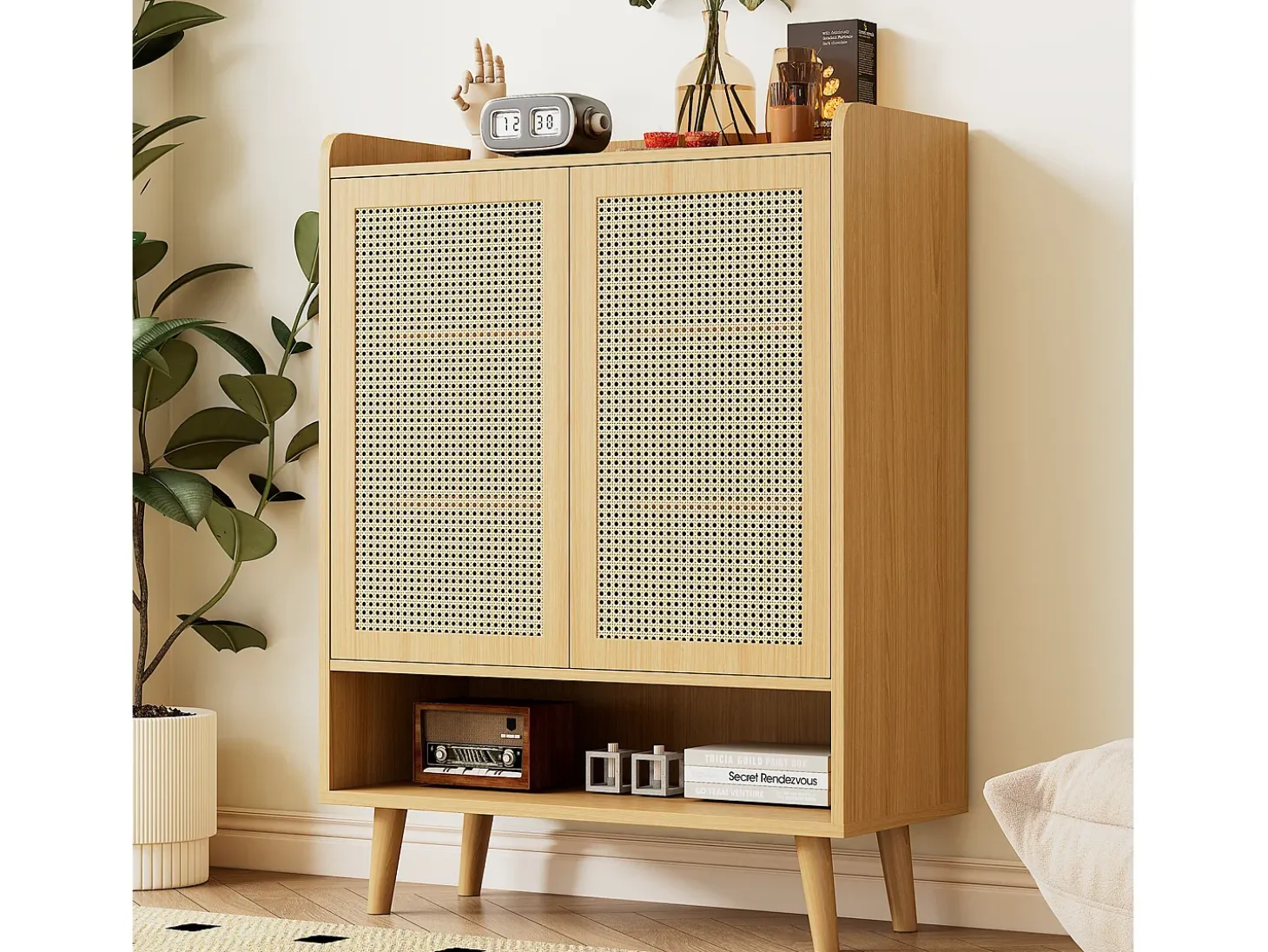 Zapatero de ratán natural, diseño moderno, con 2 puertas y 5 estantes, madera maciza, color roble claro (80x37x105 cm)