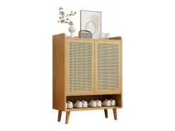 Zapatero de ratán natural, diseño moderno, con 2 puertas y 5 estantes, madera maciza, color roble claro (80x37x105 cm)