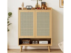 Zapatero de ratán natural, diseño moderno, con 2 puertas y 5 estantes, madera maciza, color roble claro (80x37x105 cm)