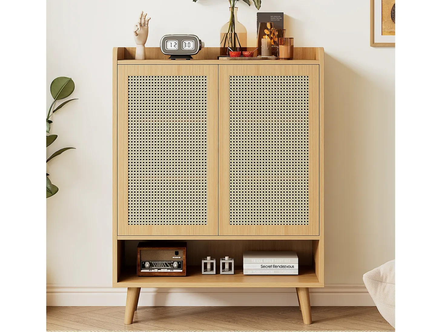 Zapatero de ratán natural, diseño moderno, con 2 puertas y 5 estantes, madera maciza, color roble claro (80x37x105 cm)