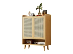Zapatero de ratán natural, diseño moderno, con 2 puertas y 5 estantes, madera maciza, color roble claro (80x37x105 cm)