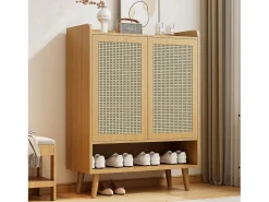 Zapatero de ratán natural, diseño moderno, con 2 puertas y 5 estantes, madera maciza, color roble claro (80x37x105 cm)