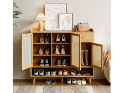Zapatero de ratán natural con 3 puertas, 1 cajón y 5 estantes, con tiradores de metal y patas de madera maciza (120x35x106 cm)