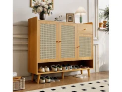 Zapatero de ratán natural con 3 puertas, 1 cajón y 5 estantes, con tiradores de metal y patas de madera maciza (120x35x106 cm)