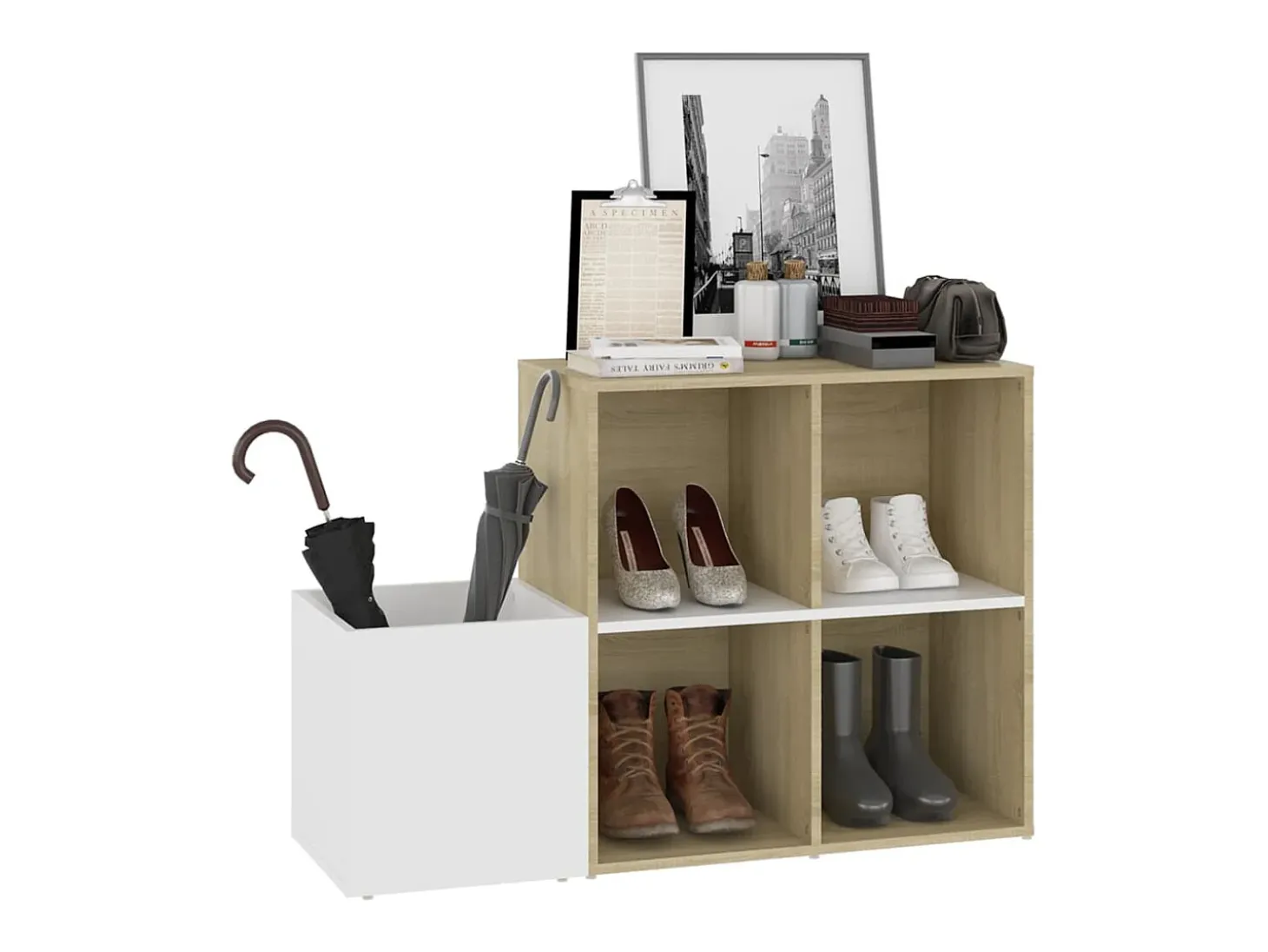 Zapatero de recibidor contrachapado blanco roble 105x35,5x70 cm ES744639