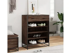 Zapatero de roble marrón fabricado con madera de ingeniería y metal.