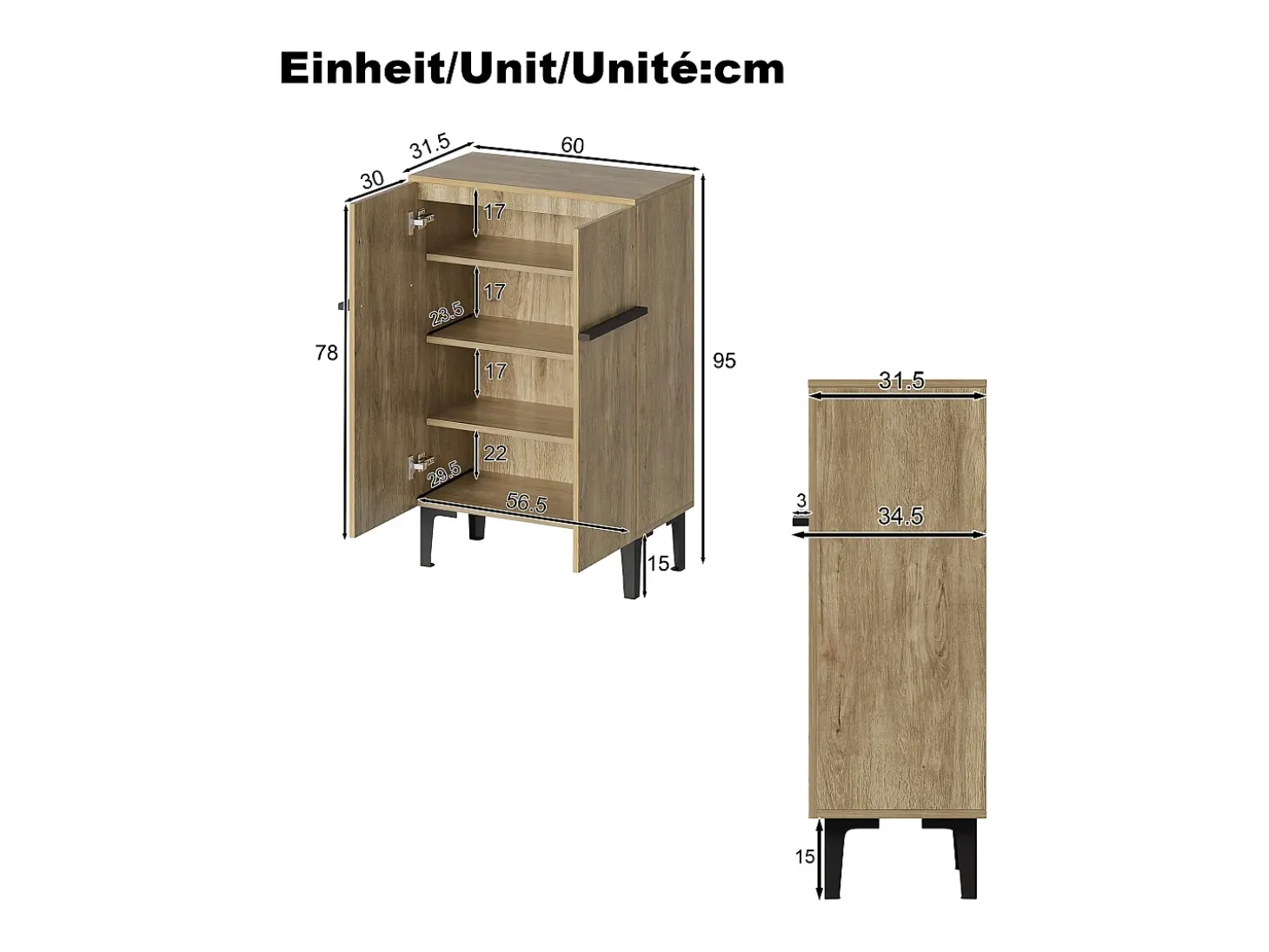 Zapatero en color madera con 2 puertas - estantes regulables 60 × 34,5 x 95 cm